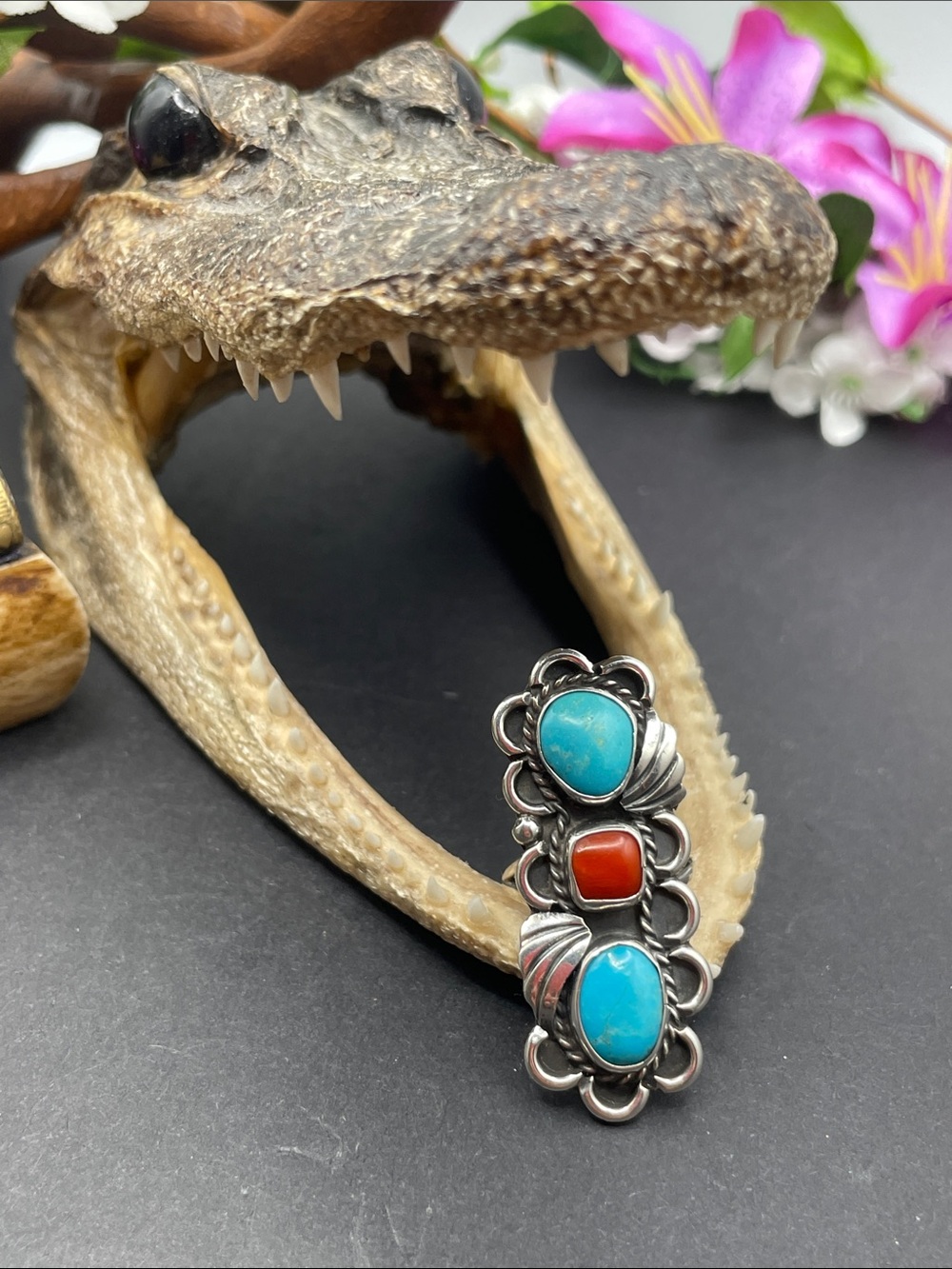 Southwestern turquoise and coral ring tested sterling